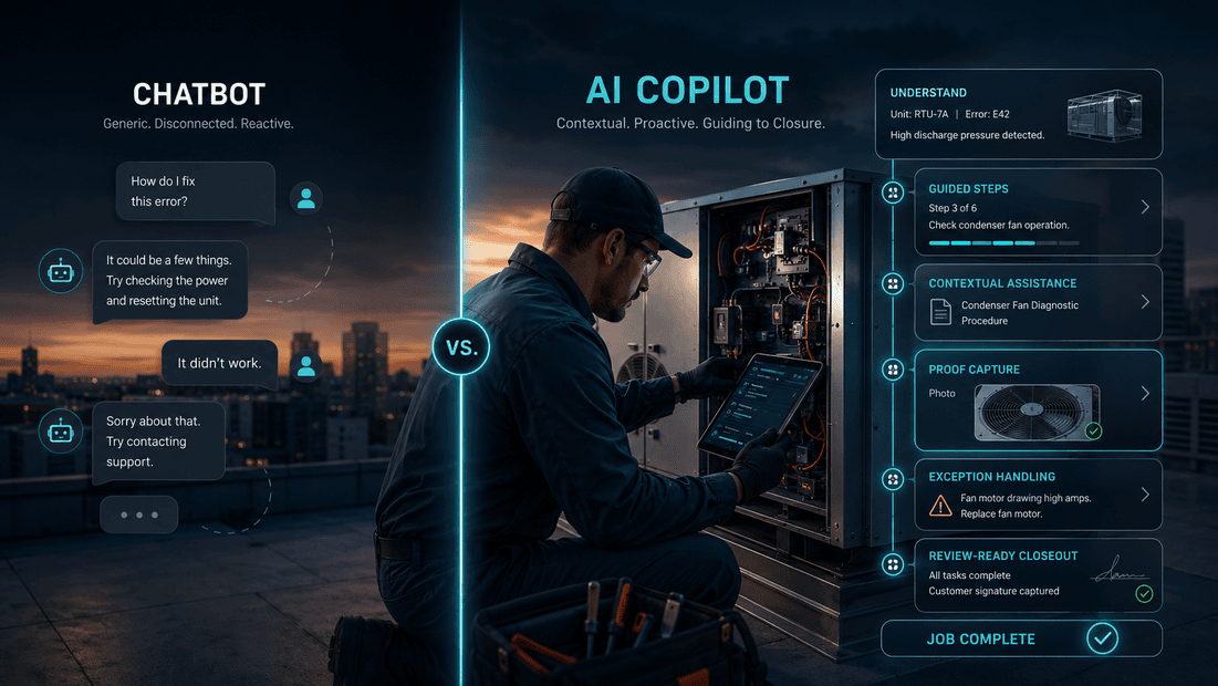 CoSkip field service AI copilot comparison showing workflow guidance, proof capture, exception handling, and closeout records beyond generic chatbot responses.