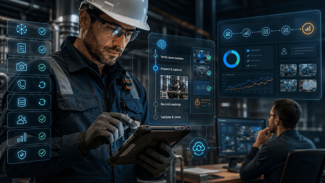 Field technician using an AI-assisted readiness workflow on a rugged tablet to verify workflows, SOPs, proof requirements, devices, integrations, ownership, and success metrics before piloting field service AI.