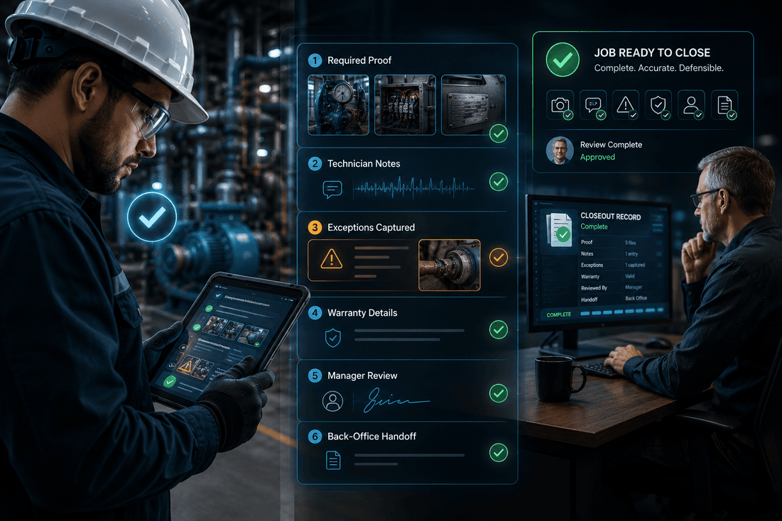 Field technician using an AI-assisted job closeout documentation checklist to capture proof, technician notes, exceptions, warranty details, manager review, and back-office handoff.