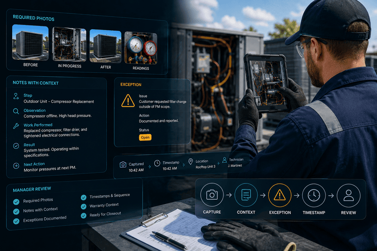 Field technician using an AI-assisted photo and note standards workflow to capture required job photos, contextual notes, timestamps, exceptions, warranty details, and manager review before closing a field-service job.