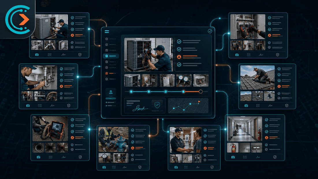 CoSkip proof-of-work workflow dashboard showing field evidence examples across HVAC, plumbing, electrical, roofing, facilities, utilities, and warranty work.