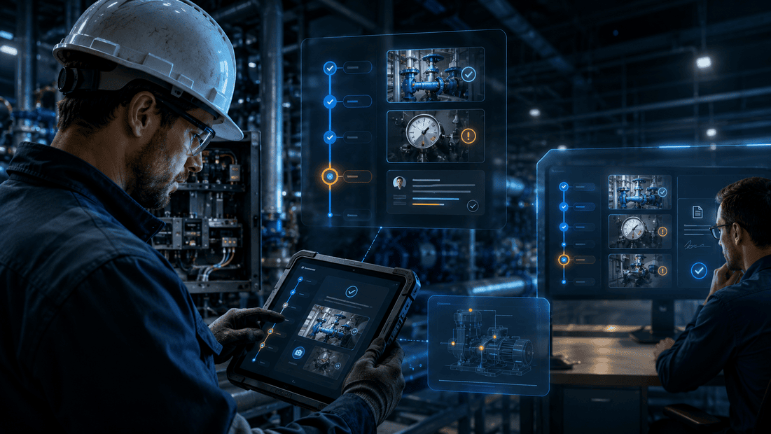 Field technician using an AI-assisted workflow interface to capture proof, track exceptions, and create a review-ready closeout record in an industrial facility.