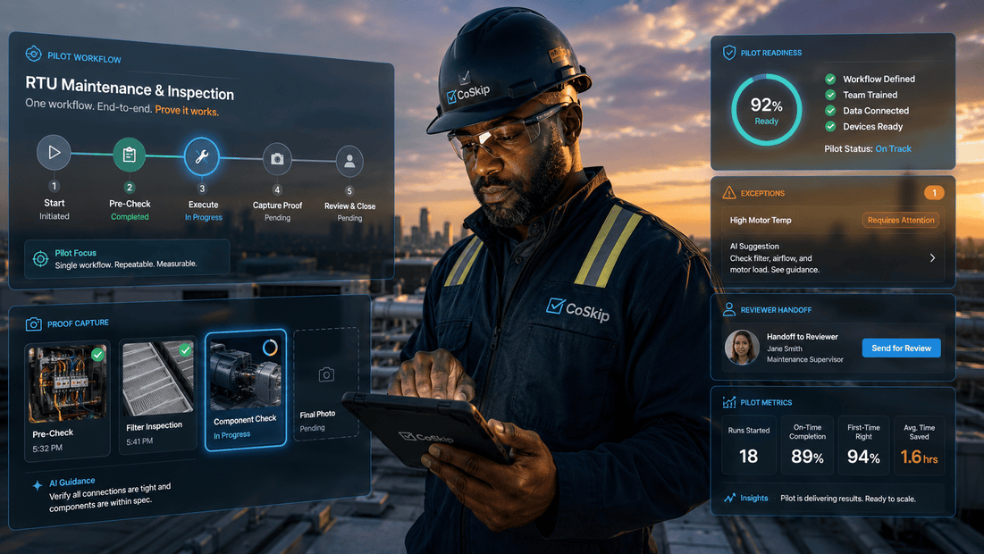 CoSkip field service AI pilot workflow showing one repeatable field process, proof capture, readiness metrics, reviewer handoff, and pilot progress.