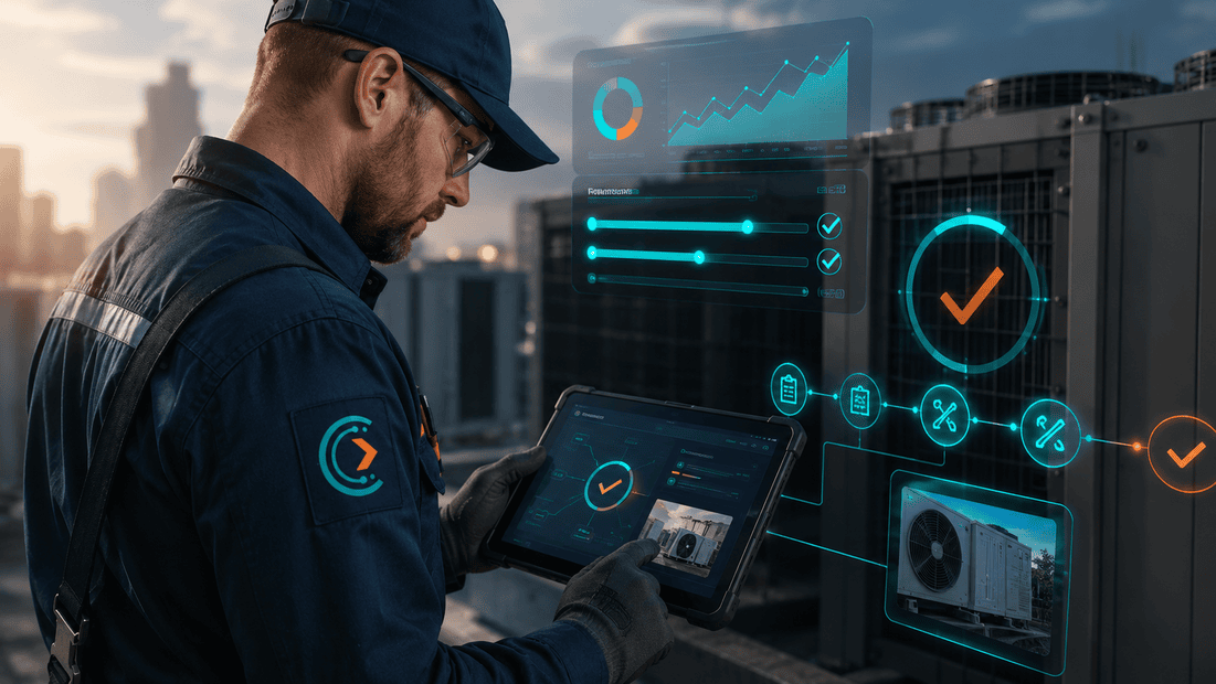 CoSkip HVAC first-time fix rate workflow showing technician proof capture, service evidence, performance signals, and review-ready closeout.
