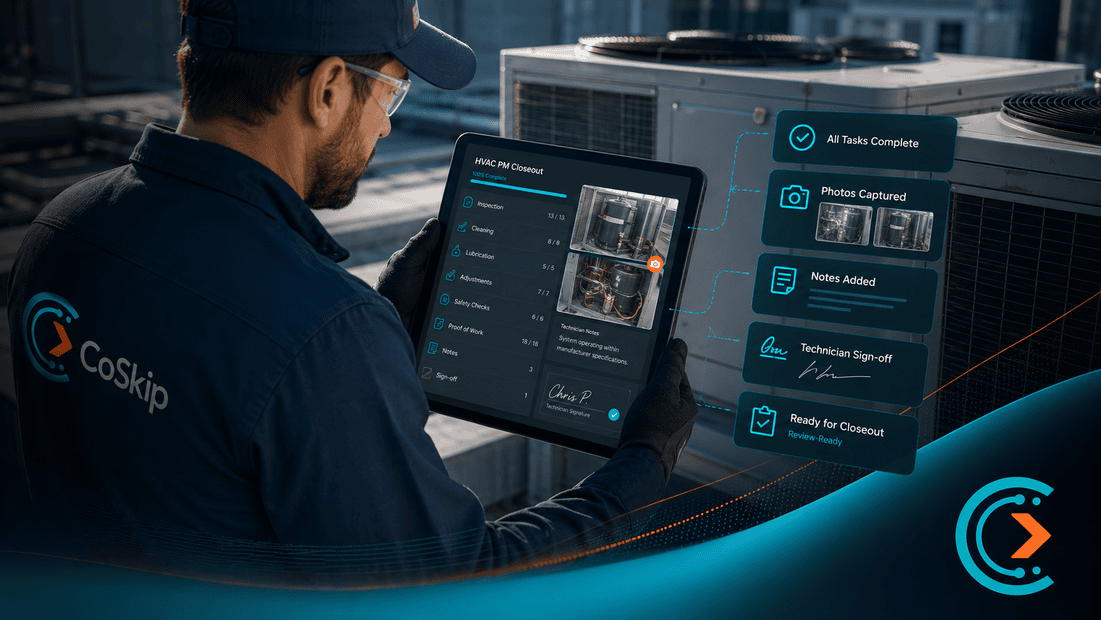 CoSkip HVAC PM closeout workflow showing captured photos, notes, signoff, and review-ready proof for a rooftop unit.