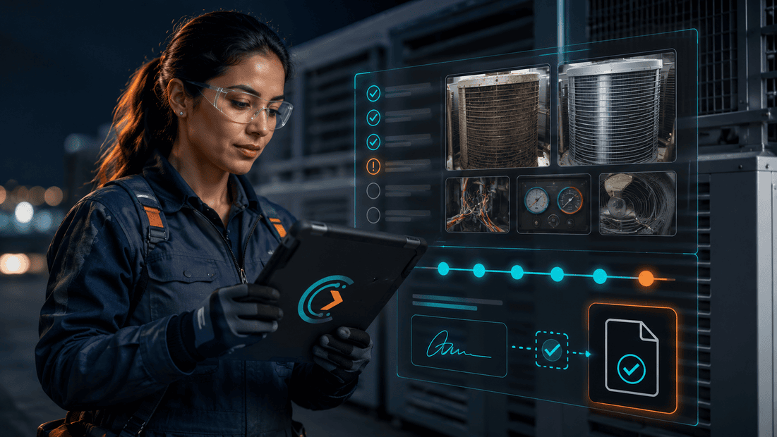 CoSkip HVAC proof-of-work workflow showing photos, technician notes, timestamps, exceptions, signoff, and review-ready closeout evidence.