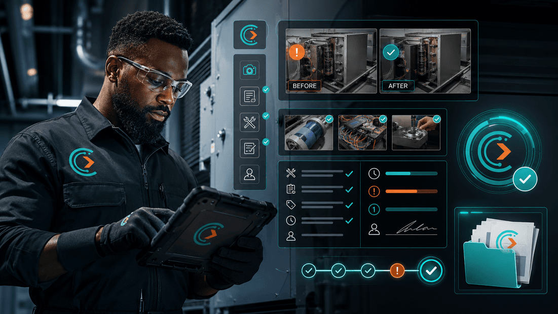 CoSkip HVAC warranty documentation workflow showing before-and-after evidence, service notes, exceptions, signoff, and claim-ready proof.