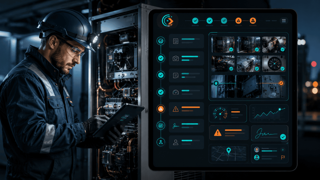 CoSkip field service proof-of-work interface beside a technician documenting structured evidence during an industrial service job.