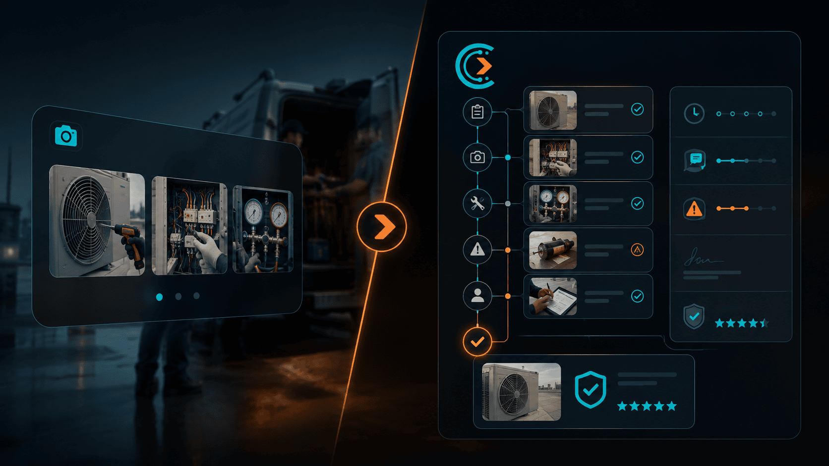 CoSkip visual comparison showing photo documentation on one side and structured field service proof of work on the other.