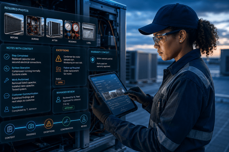 Field technician reviewing required photos, contextual notes, exceptions, timestamps, and manager approval before job closeout.