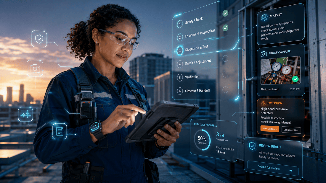 CoSkip technician adoption workflow showing guided steps, proof capture, exception support, checklist progress, and review-ready field AI closeout.
