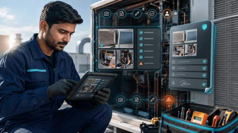 CoSkip warranty claim documentation workflow showing before-and-after HVAC evidence, service steps, notes, exceptions, signoff, and review-ready records.