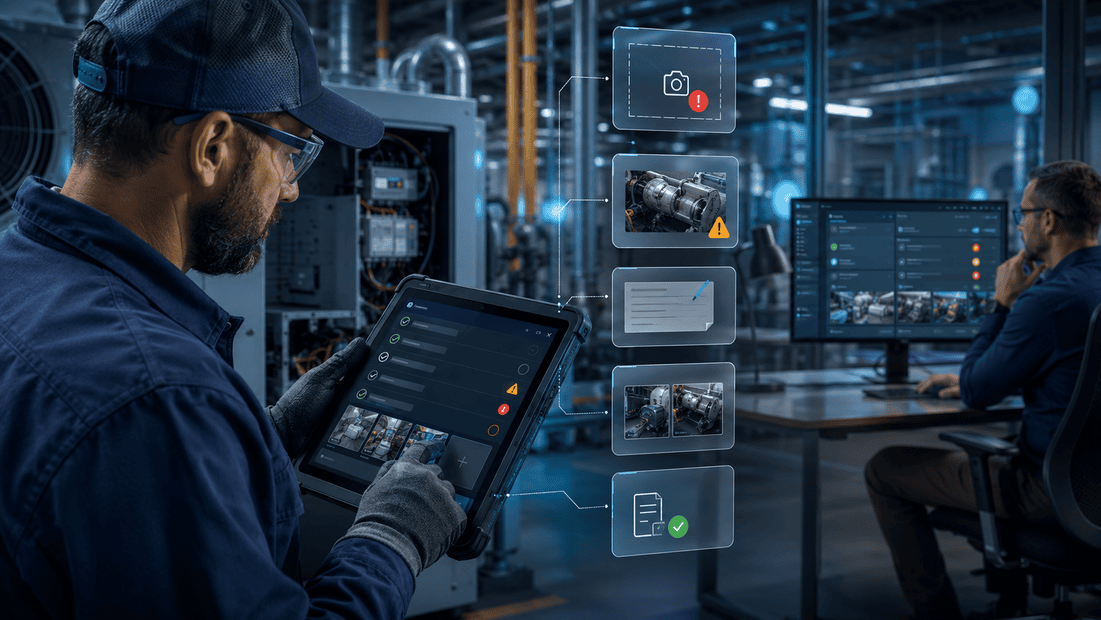 Field technician using an AI-assisted warranty documentation workflow to capture required photos, exceptions, notes, and a review-ready closeout record while a manager reviews the proof packet.
