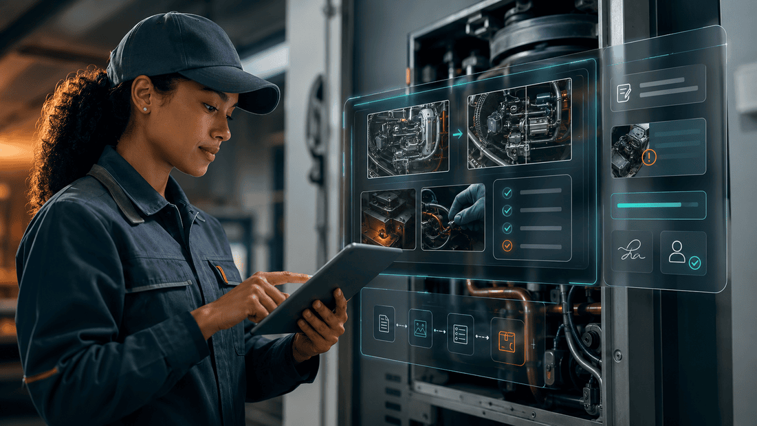 CoSkip warranty proof-of-work workflow showing field evidence, before-and-after photos, service notes, exceptions, signoff, and proof packet review.
