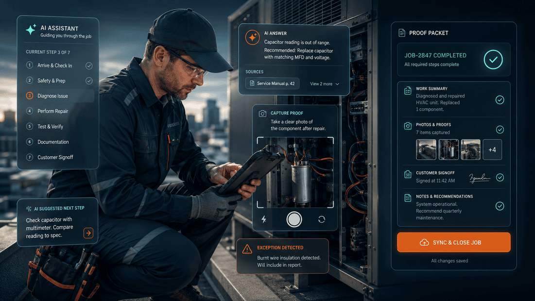 CoSkip AI technician assistant interface showing guided field steps, source-aware answers, proof capture, exceptions, and review-ready closeout.