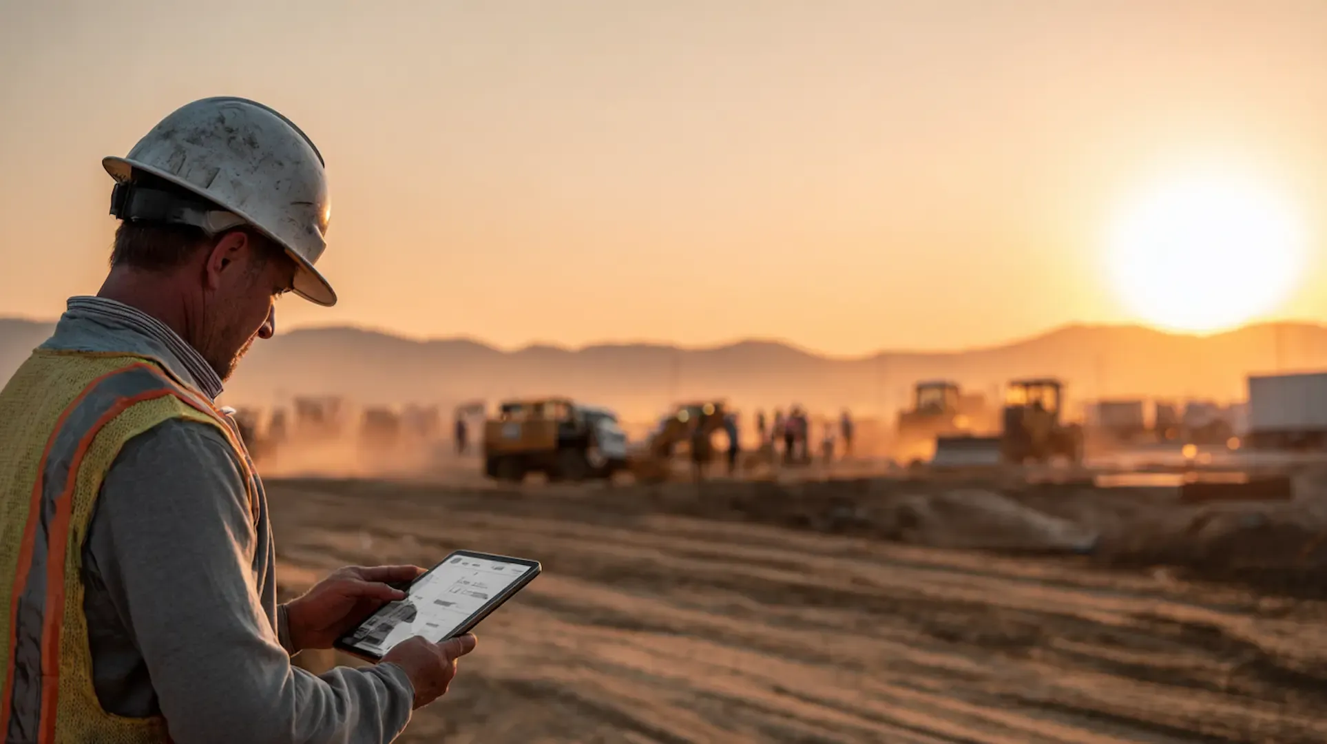 Field technician reviewing guidance on a tablet at a jobsite at sunset.