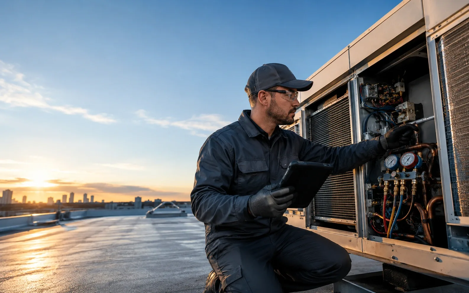 Technician inspecting HVAC equipment with CoSkip visual guidance and proof capture overlays.