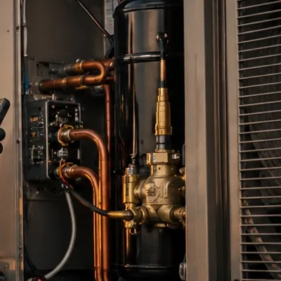 Coil and refrigerant lines inside the unit.