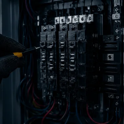 Close-up of breakers with a worn connection.