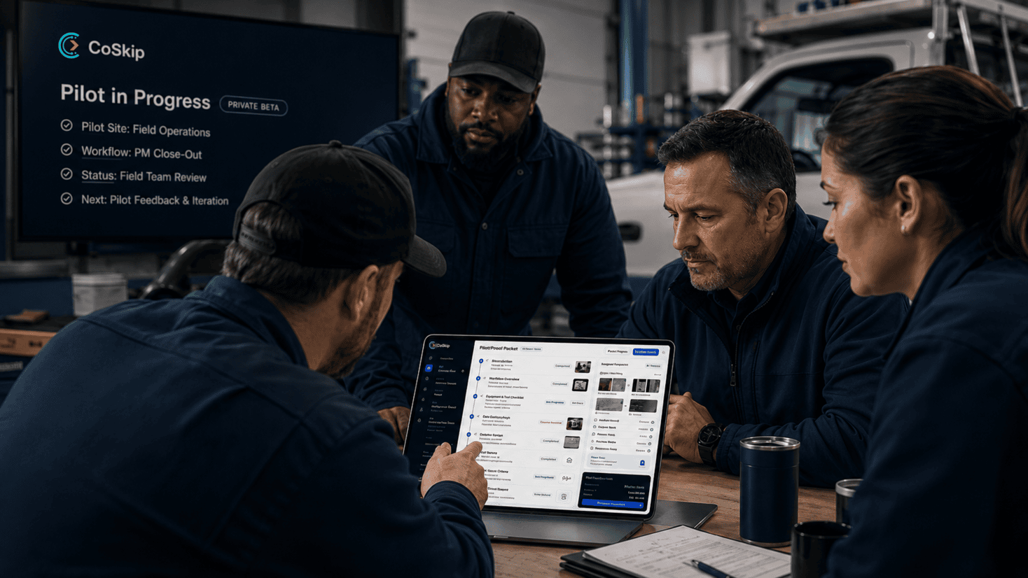 Field operations team reviewing a CoSkip pilot workflow and proof packet during a private beta pilot.