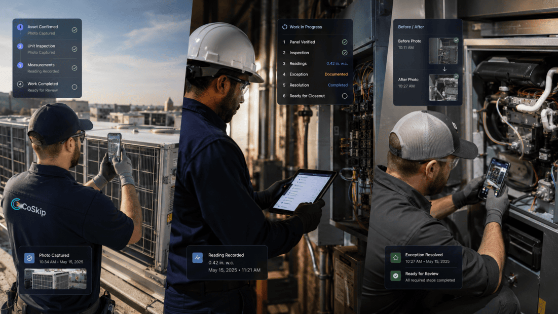 Field technicians using CoSkip guided work and proof capture across service workflows.