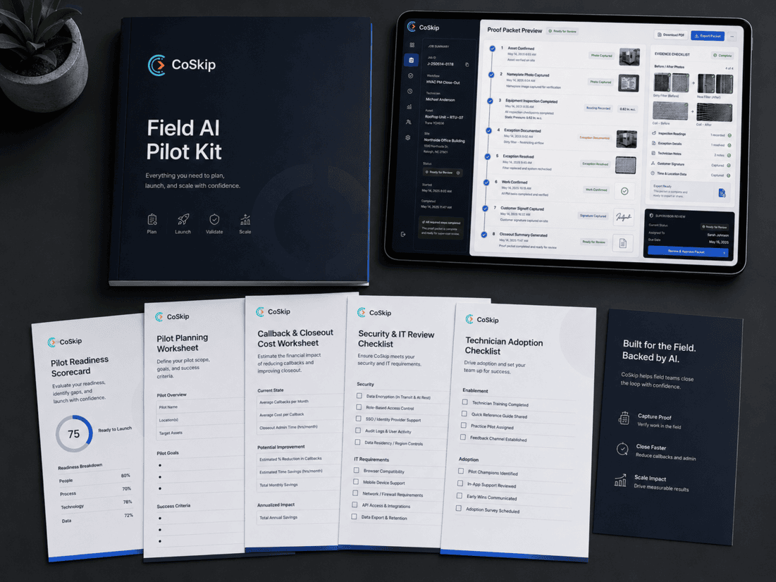 CoSkip Field AI Pilot Kit with planning worksheets, proof packet template, readiness scorecard, and pilot checklist.