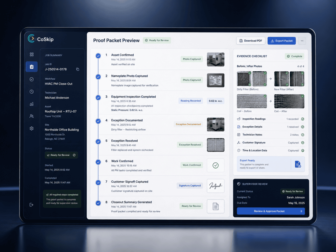 CoSkip proof packet preview showing step-tied evidence, before and after photos, supervisor review, and export-ready closeout.