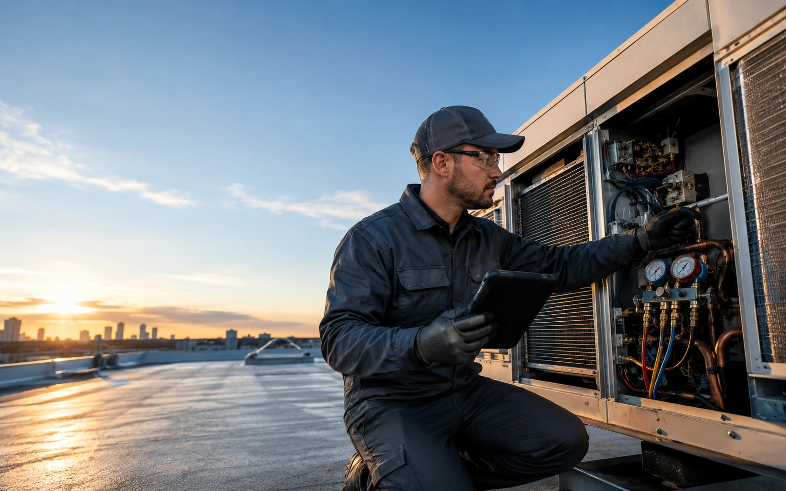 Technician inspecting HVAC equipment with CoSkip visual guidance and proof capture overlays.