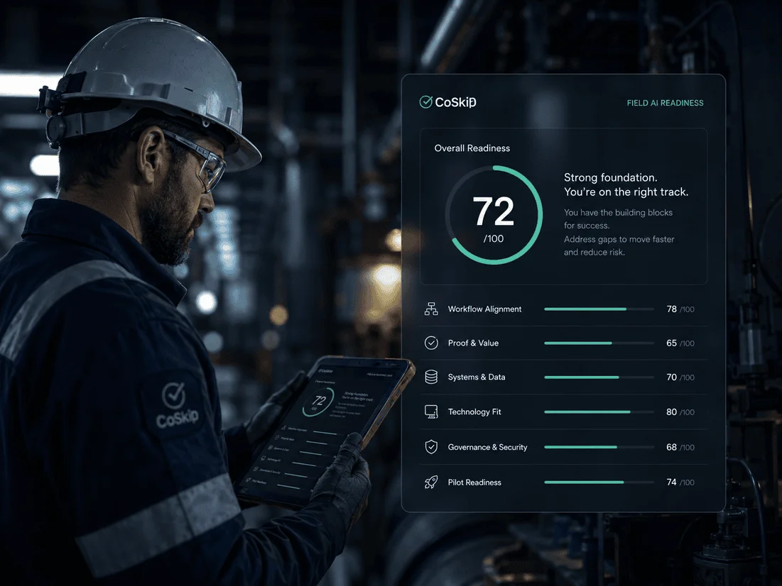 CoSkip readiness preview showing workflow inputs and field AI readiness indicators.