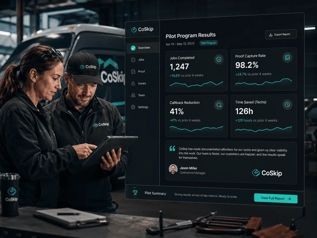 CoSkip pilot review visual showing workflow fit, proof completion, field feedback, and next-step readiness.