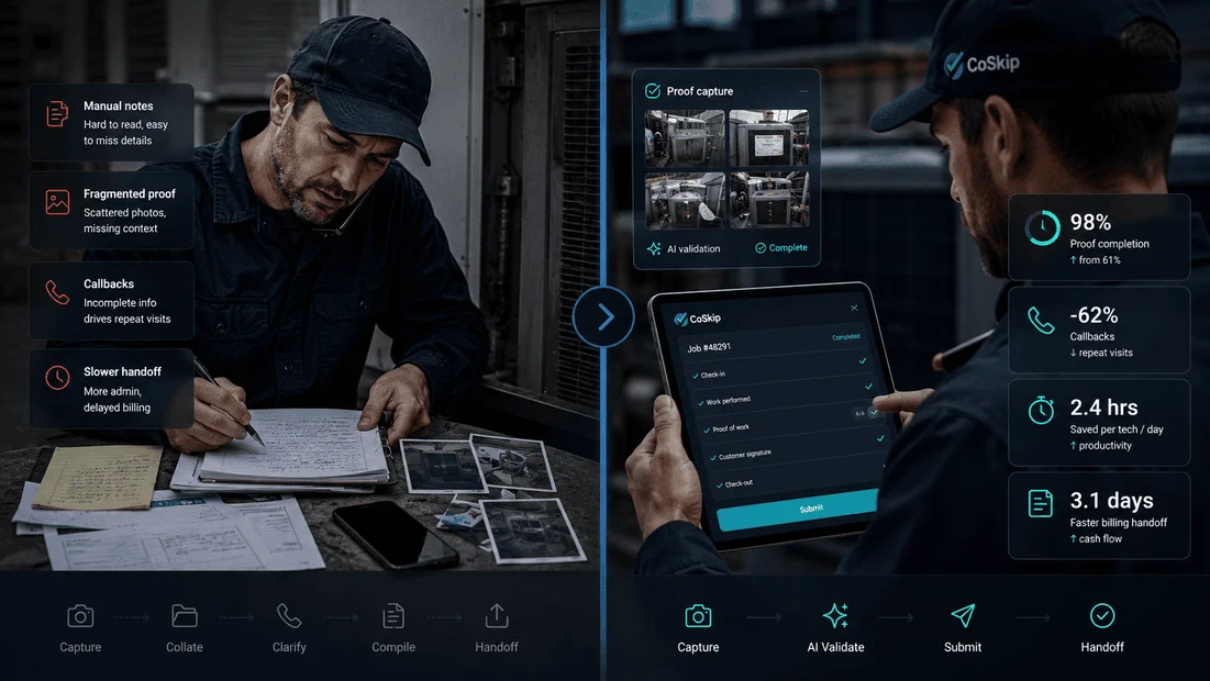 CoSkip ROI visual showing field operations friction before proof capture and cleaner close-out after guided work.