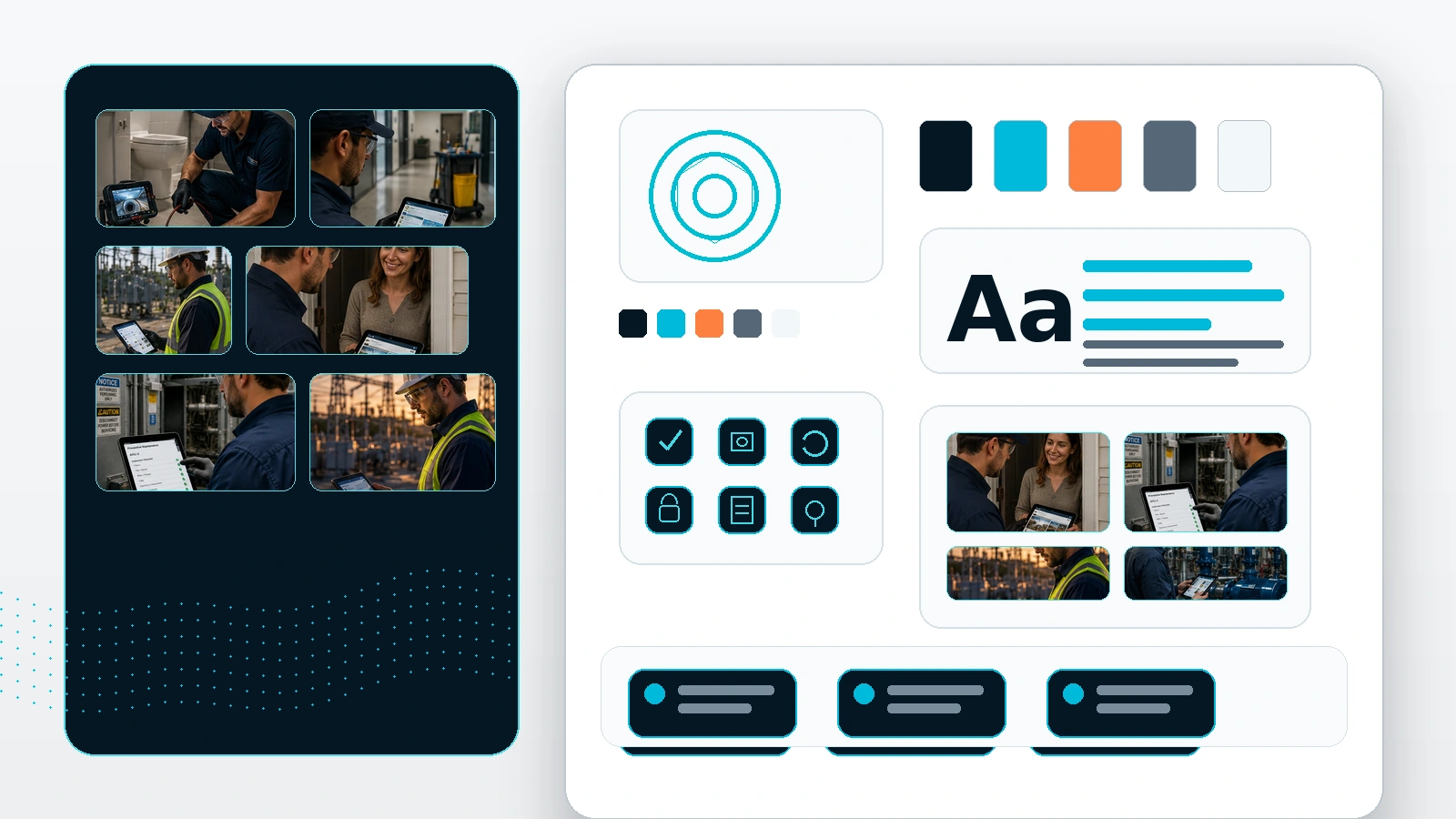 CoSkip brand guide preview showing visual system, brand asset structure, color palette, icon style, and media kit layout.