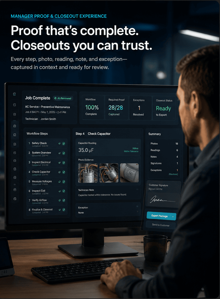 Service manager reviewing workflow completion, required evidence, exceptions, signoff, and an export-ready maintenance closeout.
