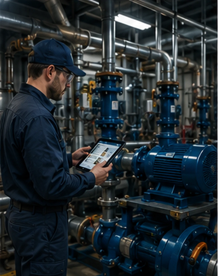 Facilities technician inspecting equipment in a mechanical room.