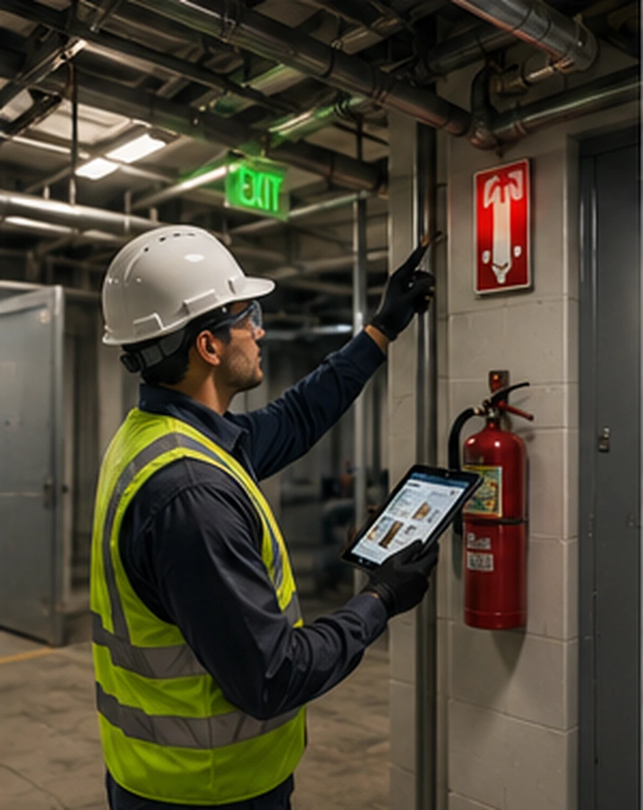 Facilities technician documenting a safety walkthrough.
