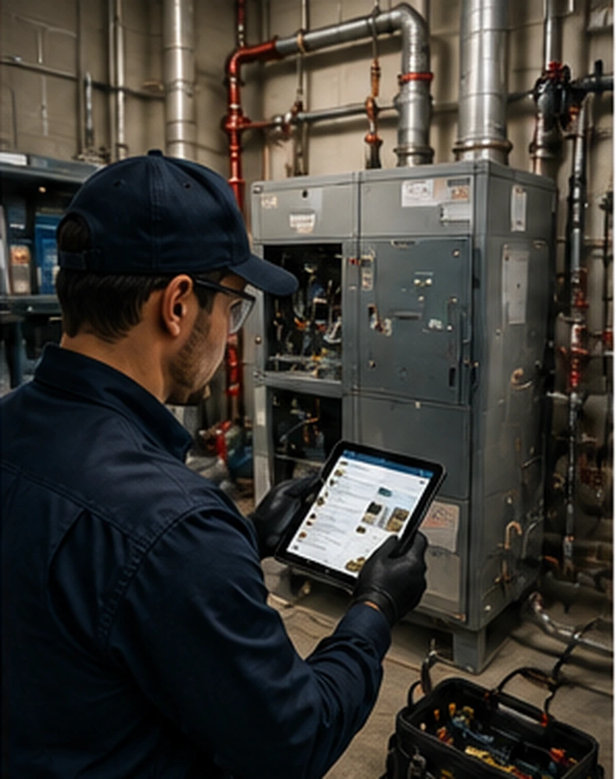 Facilities technician verifying vendor work with a tablet.