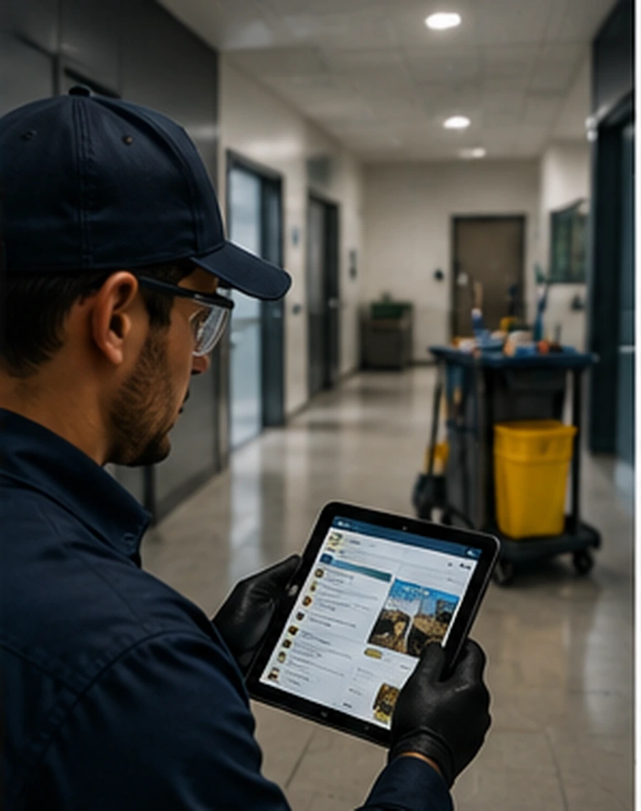 Facilities technician closing out a work order with proof.