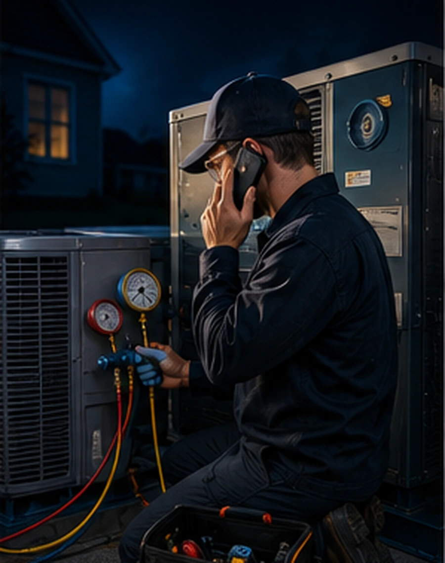 HVAC technician diagnosing a callback-prone service call.