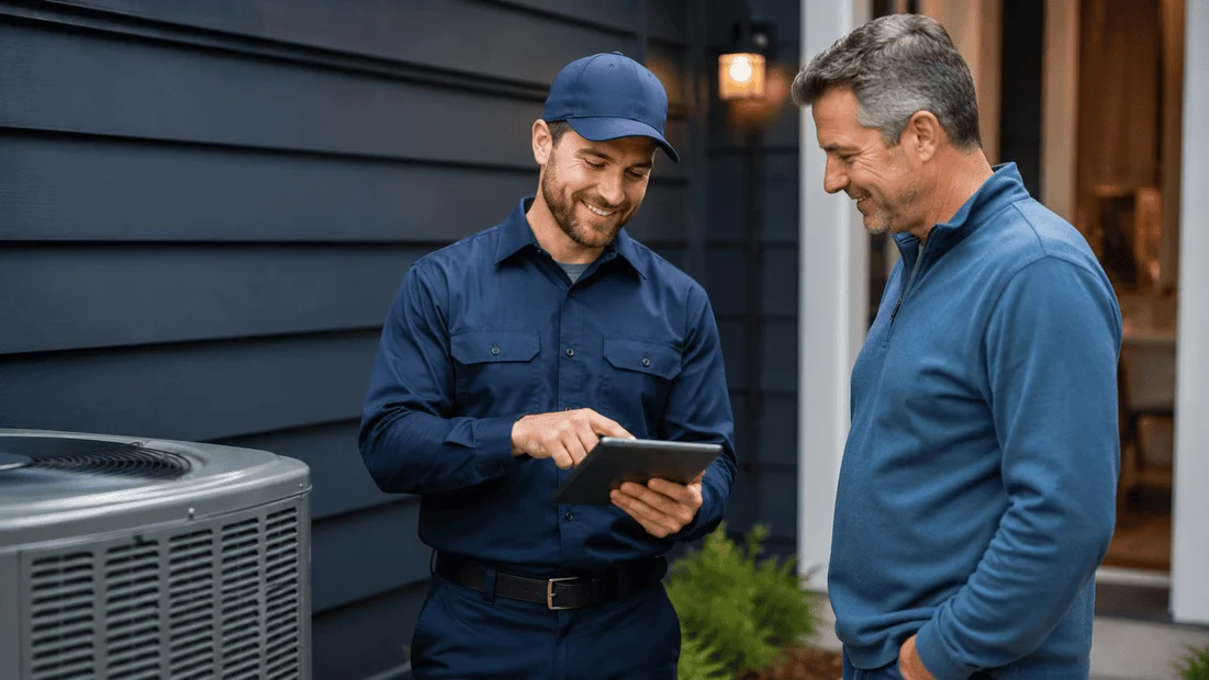 HVAC technician preparing a customer-ready close-out record.