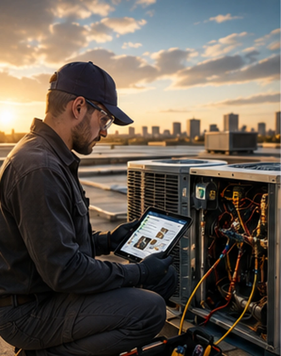 HVAC technician completing a preventive maintenance close-out workflow.