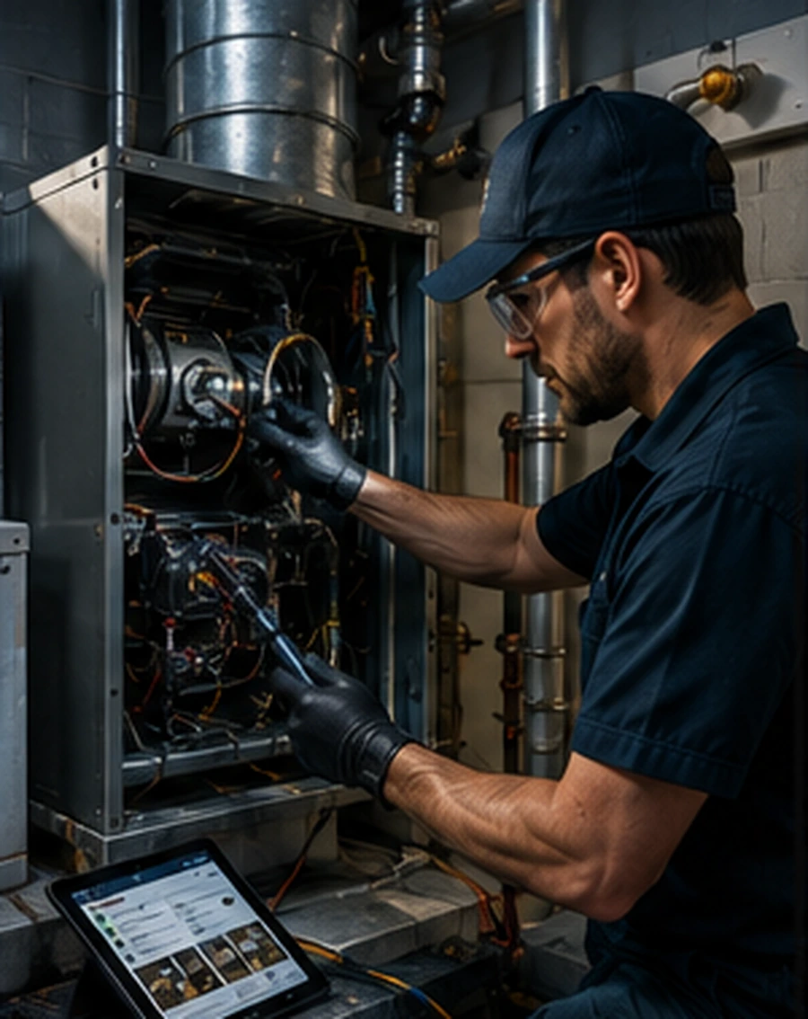 HVAC technician documenting warranty repair evidence.