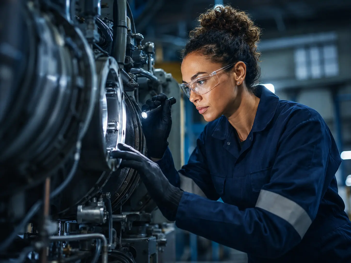 Industrial technician inspecting machinery in a plant environment.
