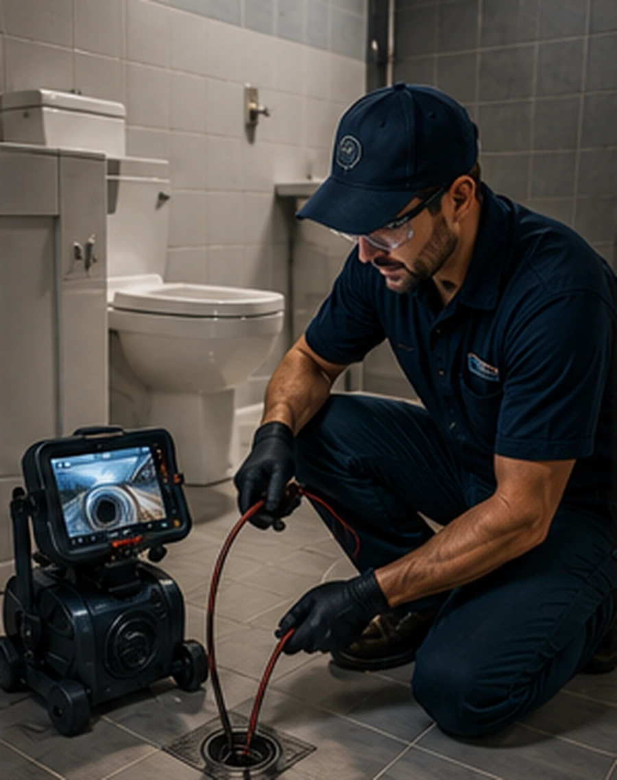 Plumbing technician performing a drain inspection workflow.