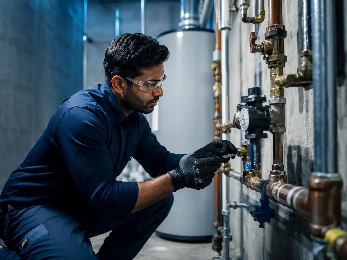 Plumbing technician inspecting pipe fittings during a leak repair workflow.