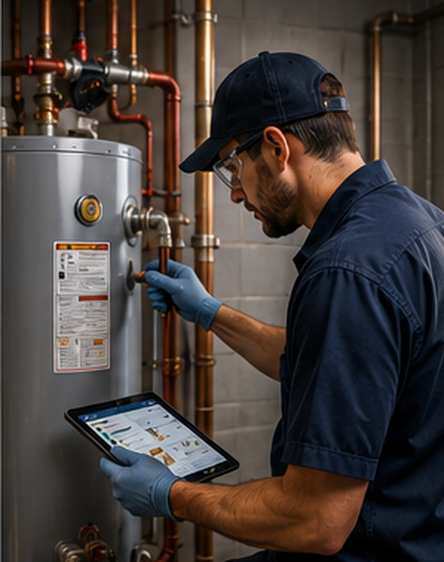 Plumbing technician inspecting a water heater service workflow.
