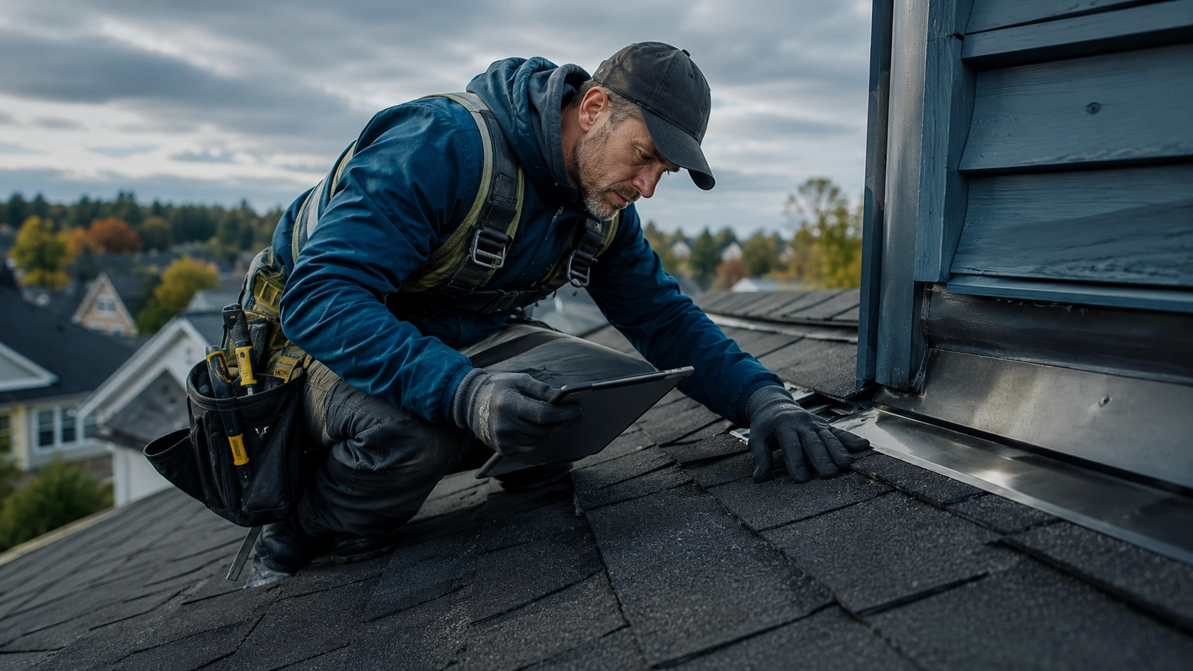 Roofing crew documenting roof repair close-out with field proof.