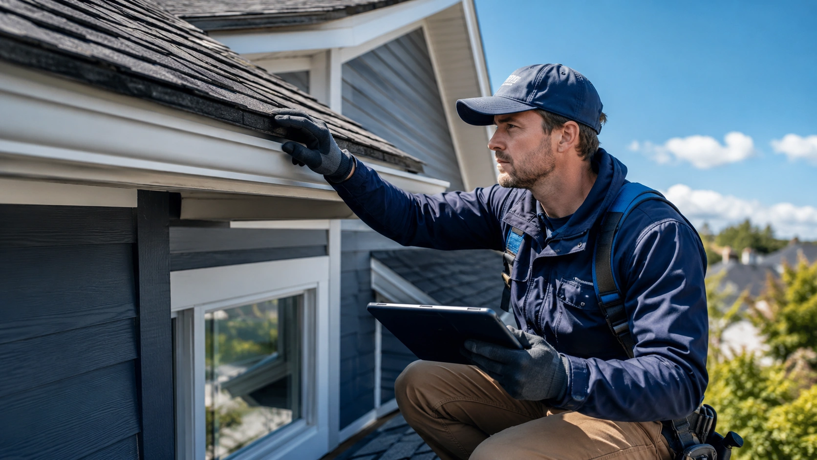 Roofing crew documenting roof inspection evidence during a field workflow.