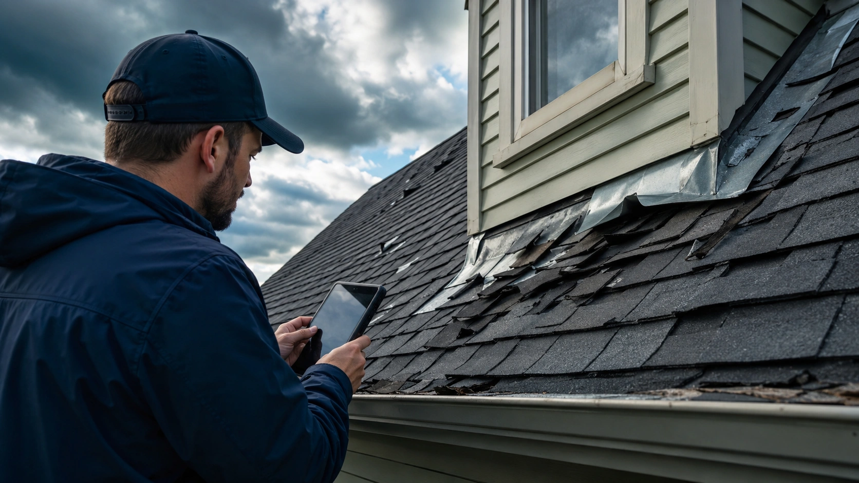 Roofing and exterior crew documenting storm damage evidence for review.