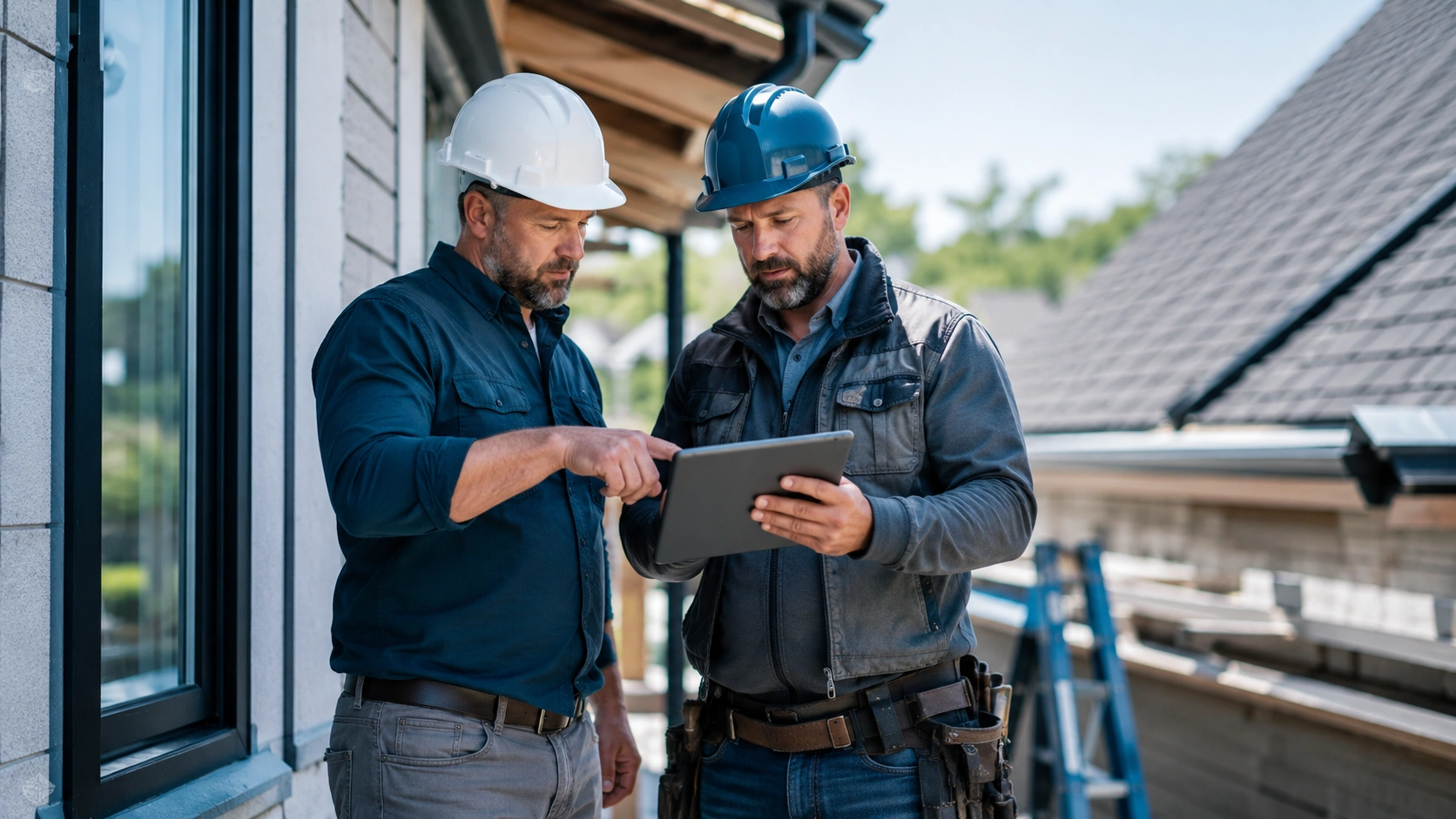 Crew lead verifying roofing and exterior subcontractor work with field documentation.