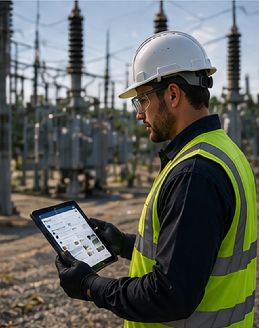 Utility technician documenting preventive maintenance work.